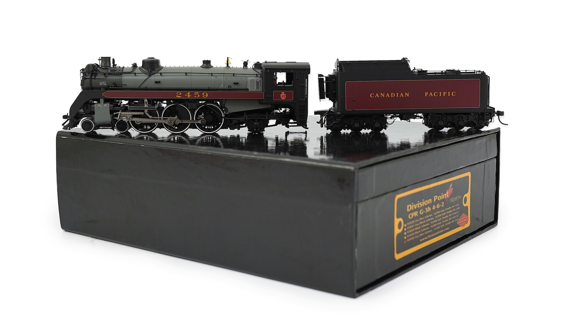 A boxed HO gauge Division Point model of Canadian Pacific Railway G-3h, 2459, 4-6-2 locomotive with bogie tender, powered for two rail operation.